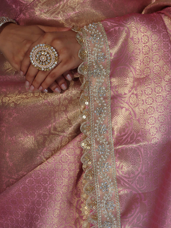 Banarasee Handwoven Tissue Saree With Tanchoi Weaving Zari Border & Lace-Pink (Dual Tone)
