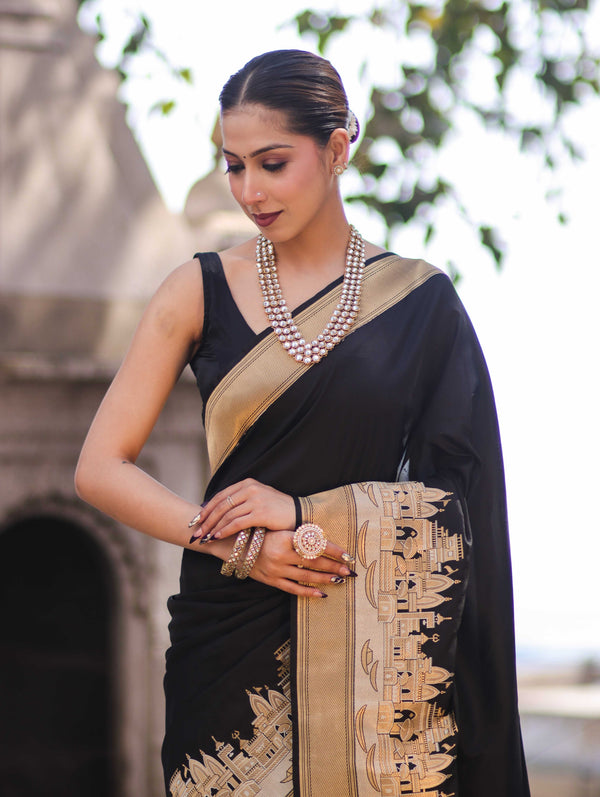 Banarasee Handloom Plain Semi Katan Saree With Ganga Ghat Zari Border-Black