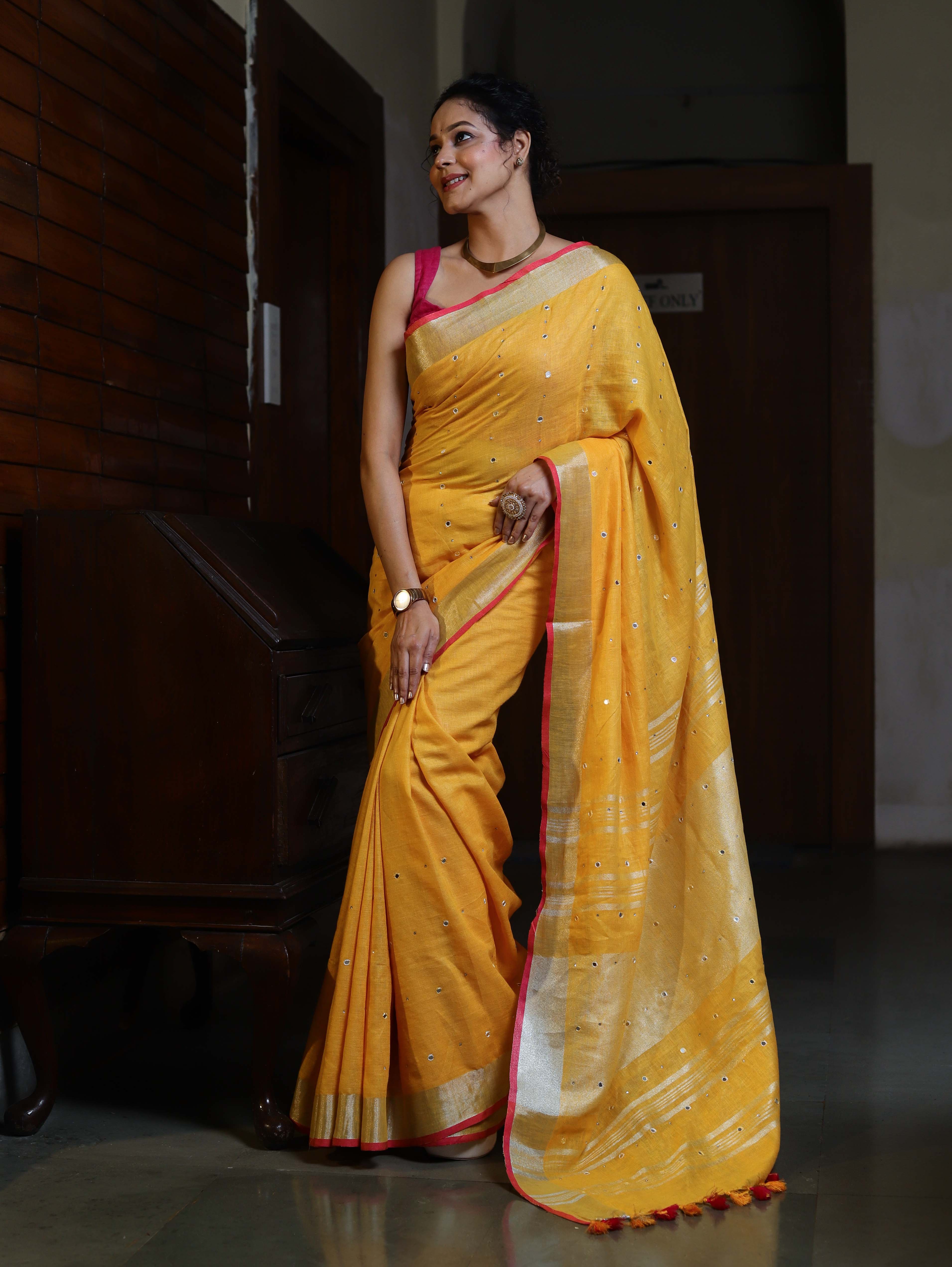 Bhagalpur Handloom Pure Linen Saree With Mirror Work & Contrast Border-Mustard Yellow