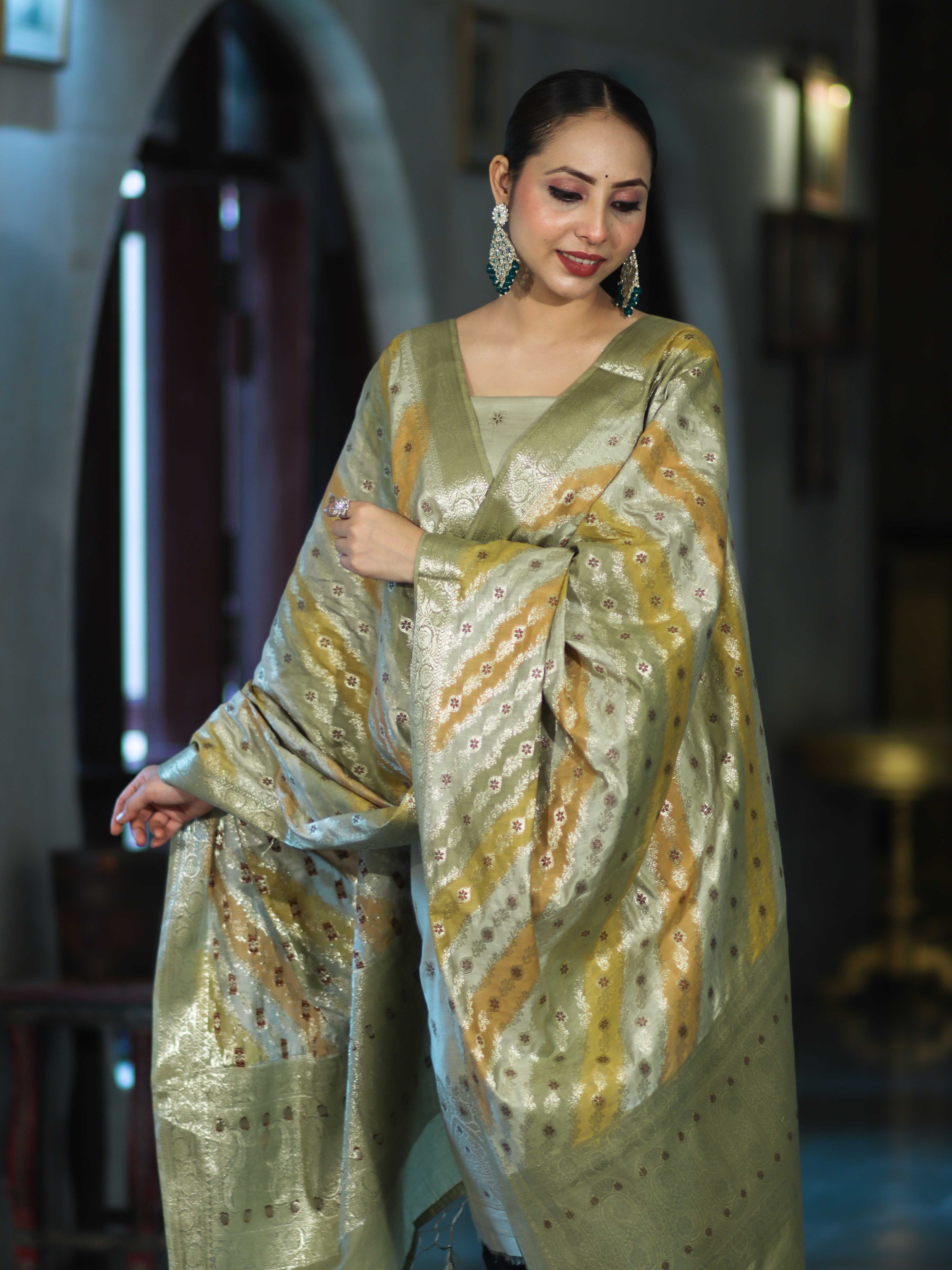 Banarasee Zari & Resham Embroidered Chanderi Salwar Kameez With Multicolor Dupatta Set-Sage Green