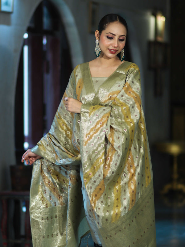 Banarasee Zari & Resham Embroidered Chanderi Salwar Kameez With Multicolor Dupatta Set-Sage Green