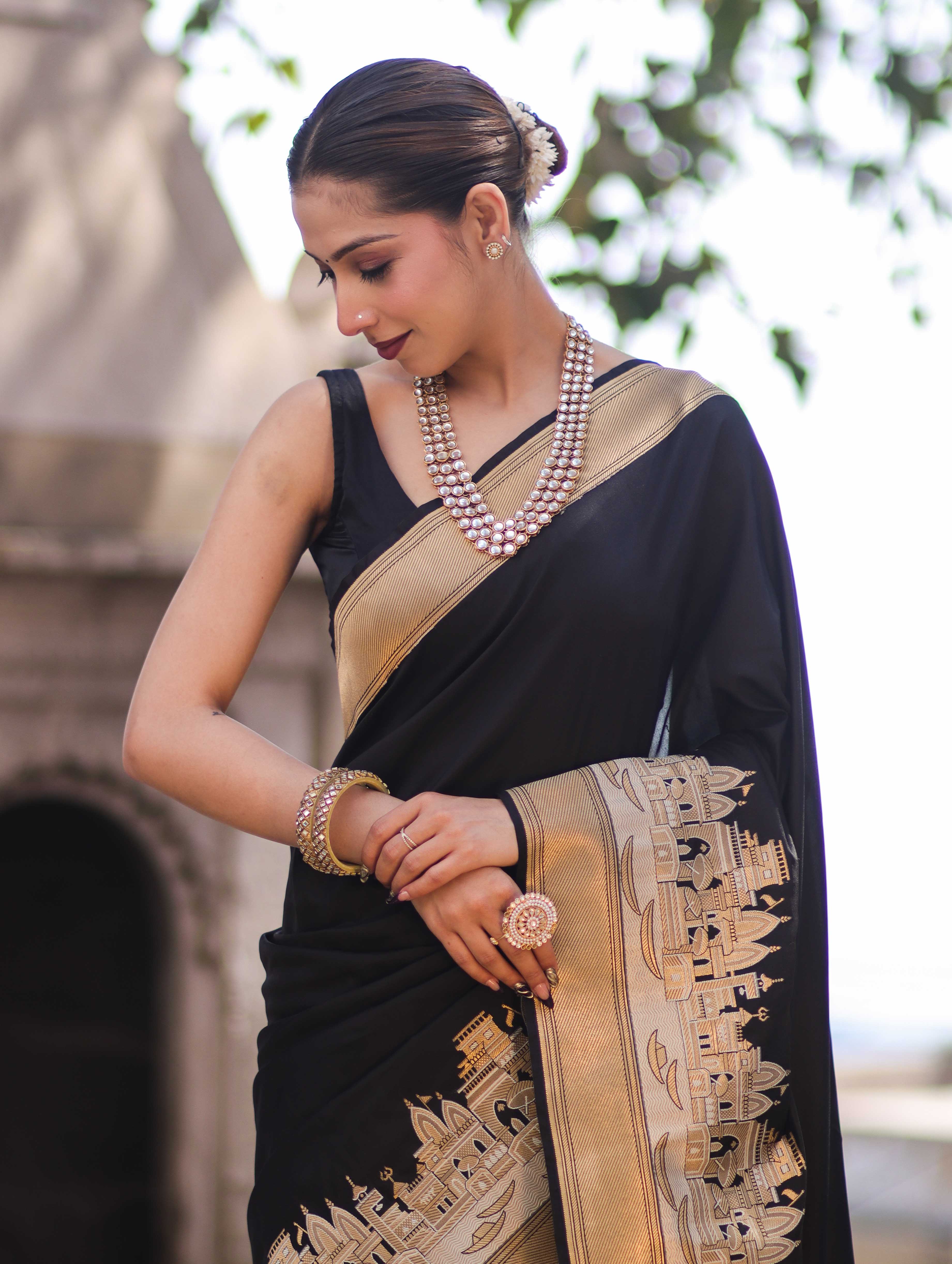 Banarasee Handloom Plain Semi Katan Saree With Ganga Ghat Zari Border-Black