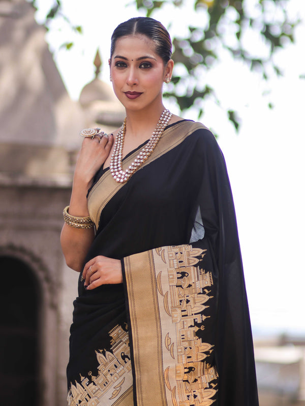 Banarasee Handloom Plain Semi Katan Saree With Ganga Ghat Zari Border-Black