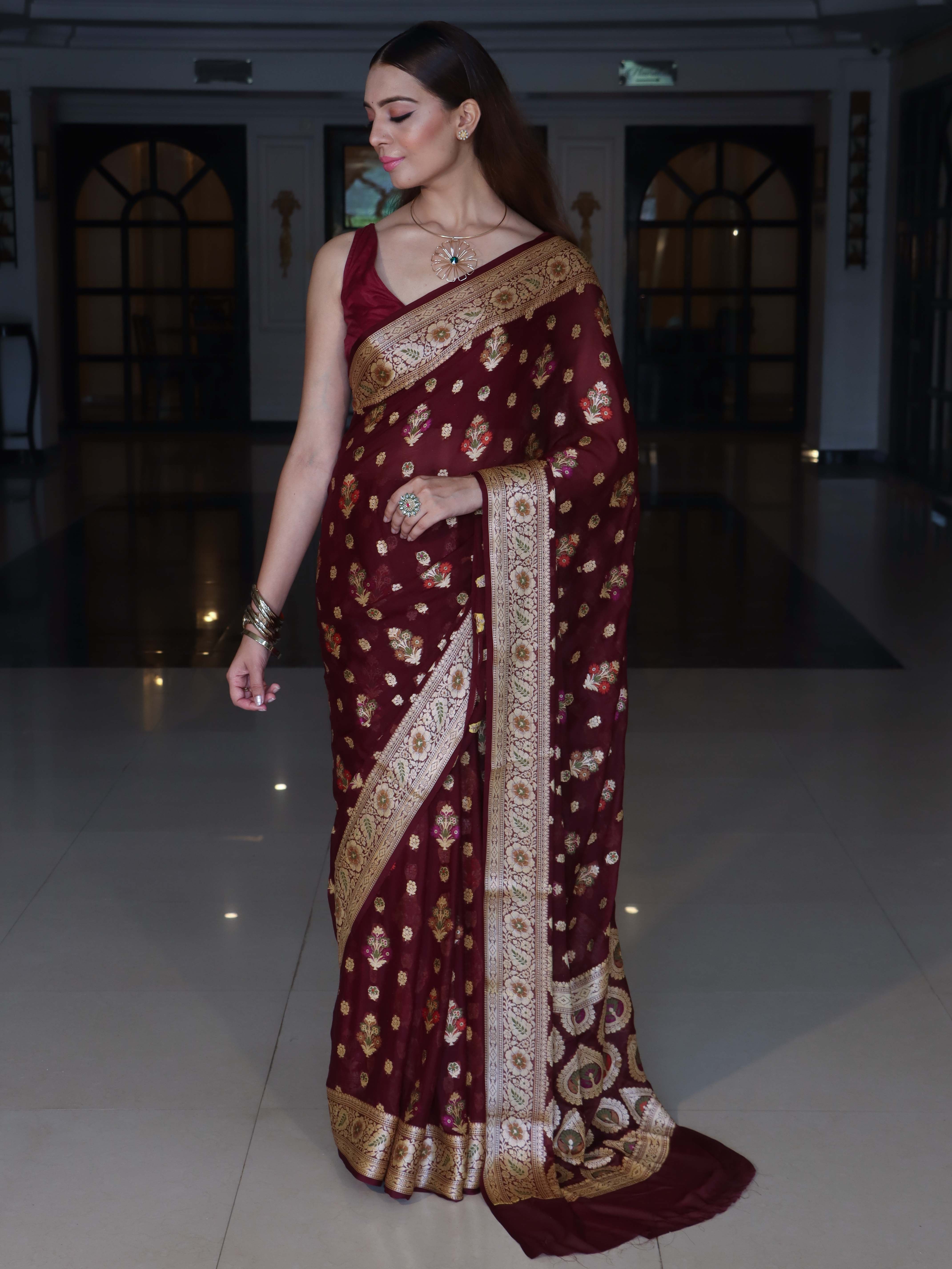 Banarasee Pure Chiffon Saree With Zari Buta Work & Floral Border-Wine Red