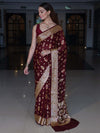Banarasee Pure Chiffon Saree With Zari Buta Work & Floral Border-Wine Red