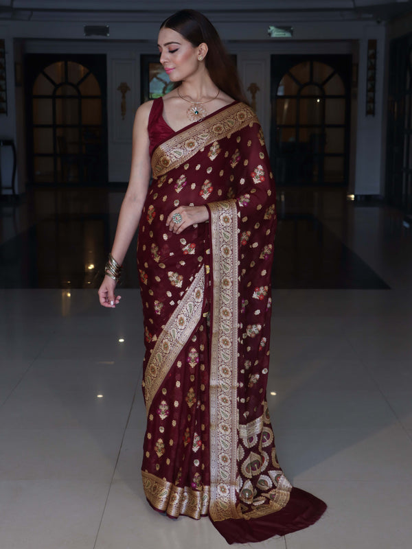 Banarasee Pure Chiffon Saree With Zari Buta Work & Floral Border-Wine Red