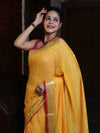 Bhagalpur Handloom Pure Linen Saree With Mirror Work & Contrast Border-Mustard Yellow