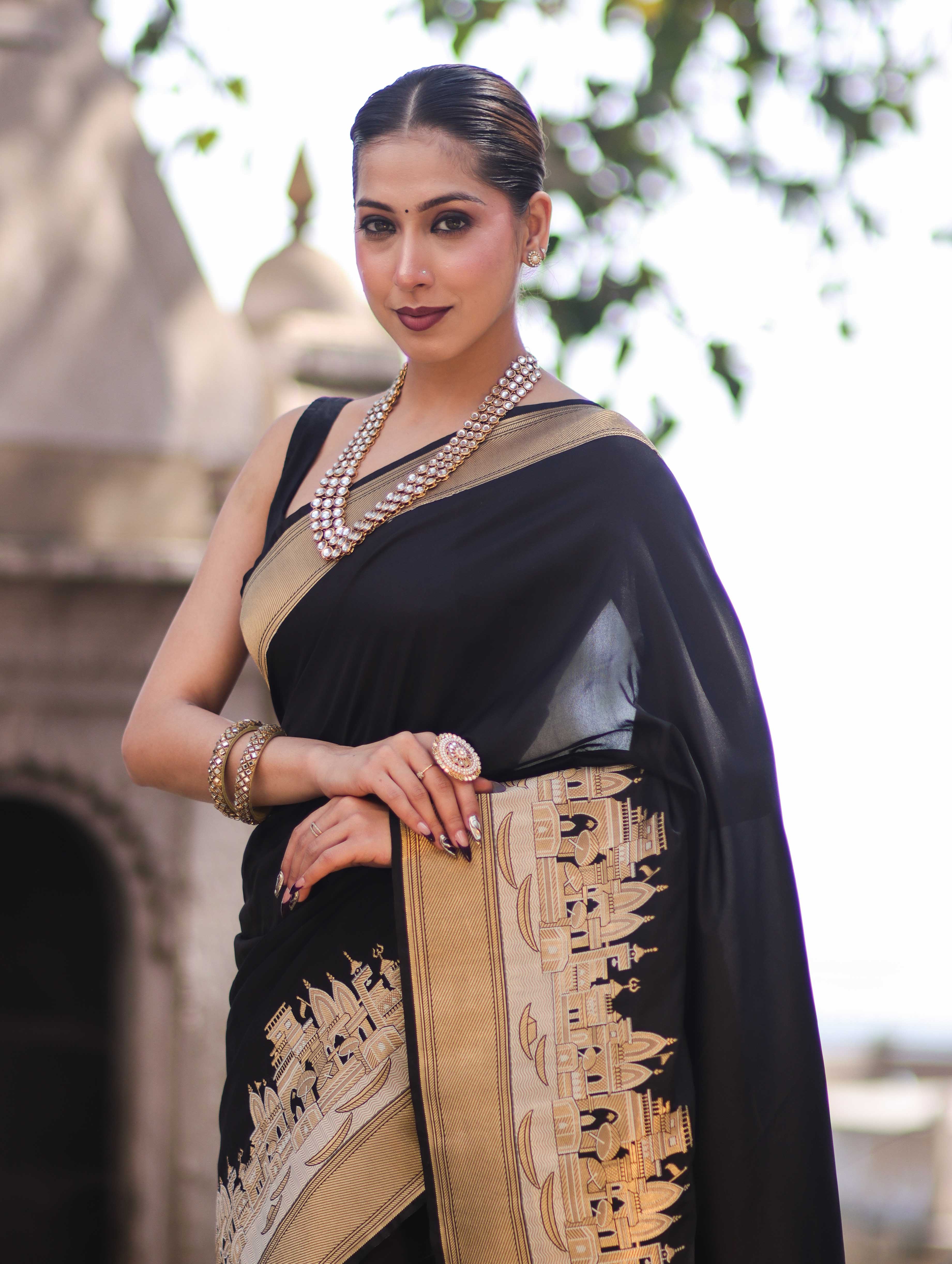 Banarasee Handloom Plain Semi Katan Saree With Ganga Ghat Zari Border-Black