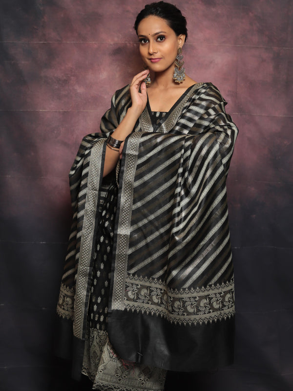 Banarasee Salwar Kameez Cotton Silk Resham & Zari Buti Woven Fabric With Dupatta-Black
