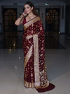 Banarasee Pure Chiffon Saree With Zari Buta Work & Floral Border-Wine Red