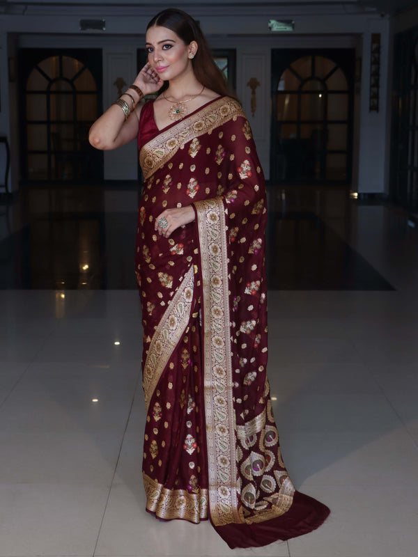 Banarasee Pure Chiffon Saree With Zari Buta Work & Floral Border-Wine Red