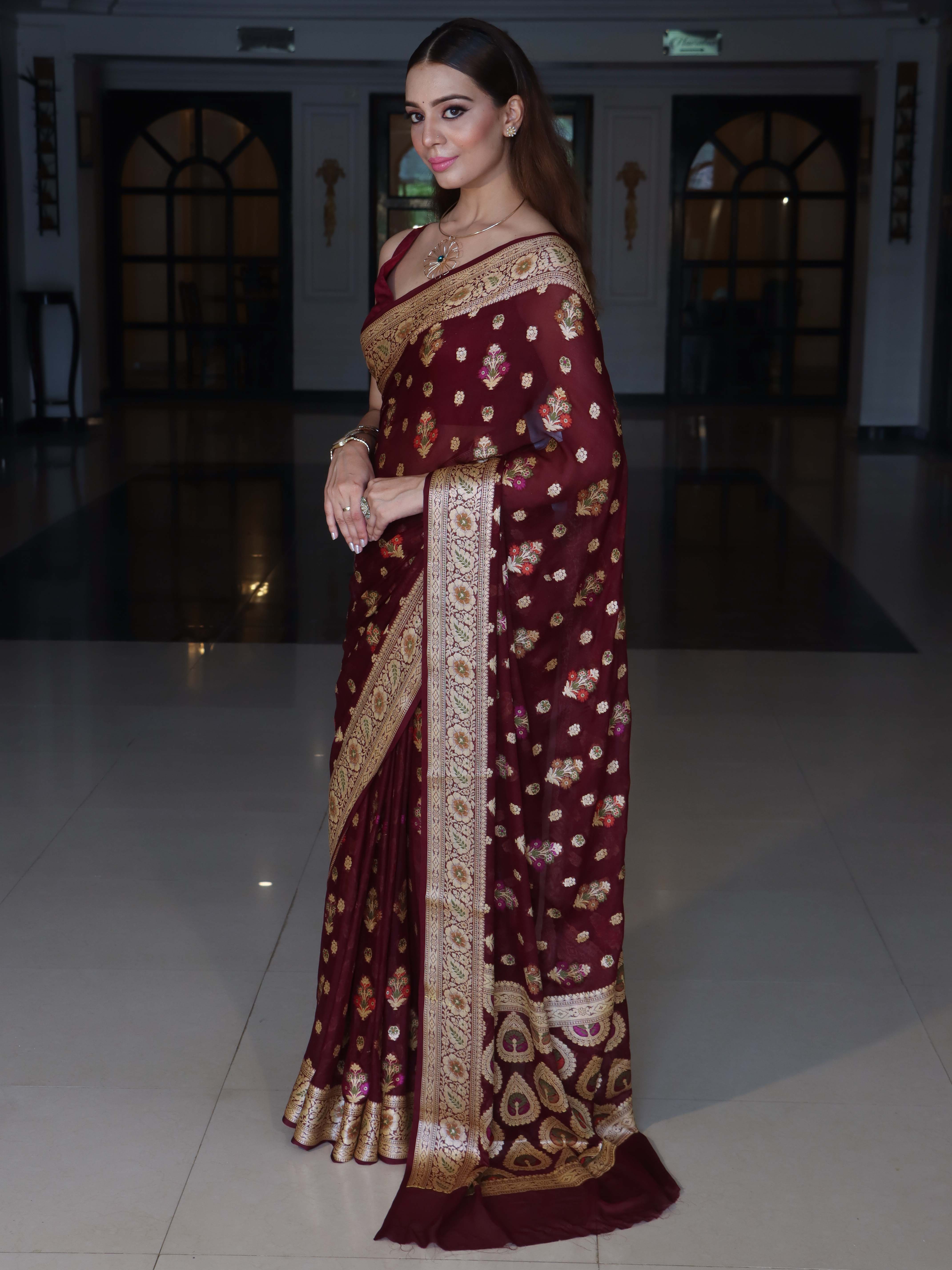 Banarasee Pure Chiffon Saree With Zari Buta Work & Floral Border-Wine Red