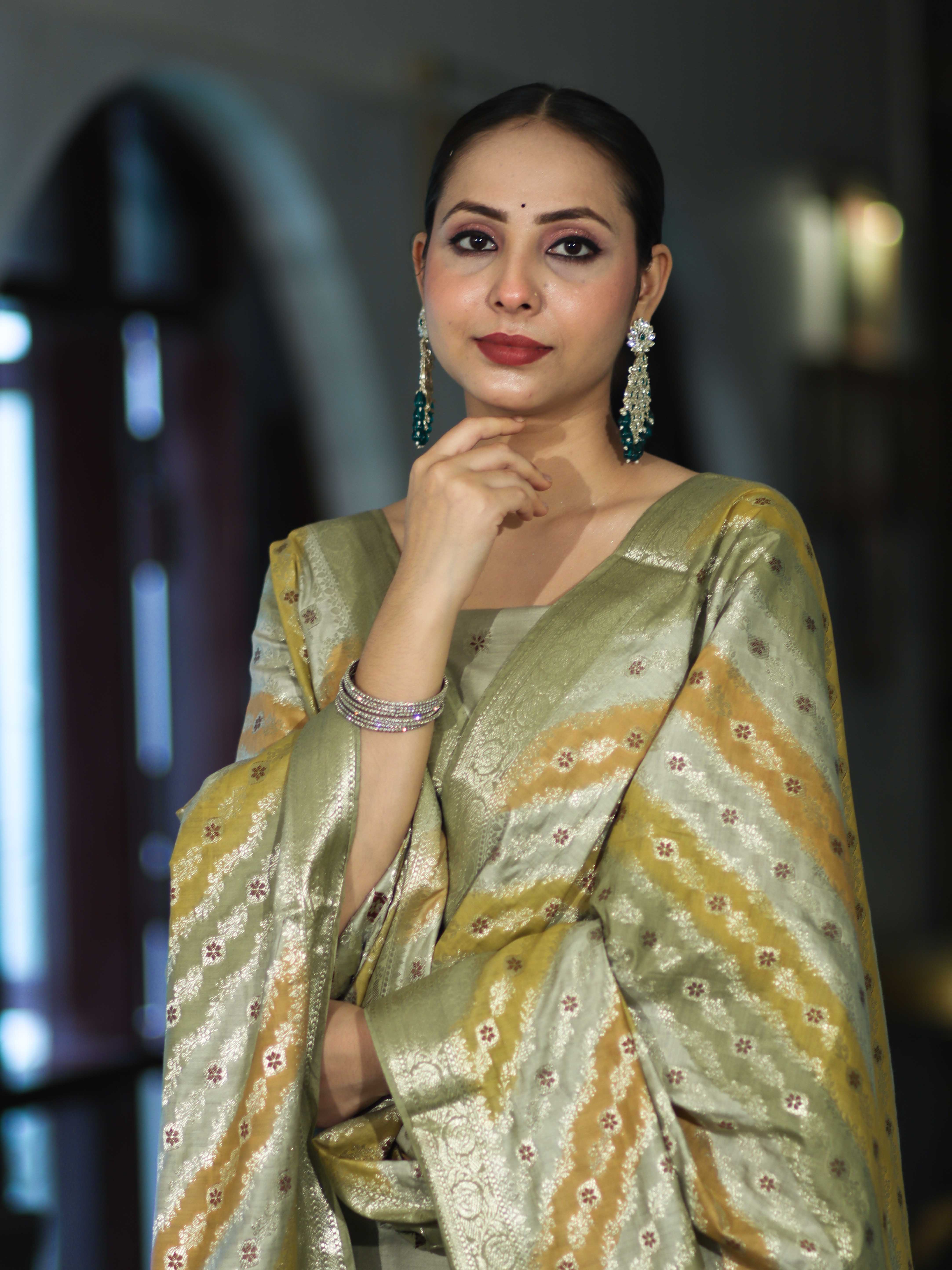 Banarasee Zari & Resham Embroidered Chanderi Salwar Kameez With Multicolor Dupatta Set-Sage Green