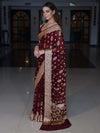 Banarasee Pure Chiffon Saree With Zari Buta Work & Floral Border-Wine Red