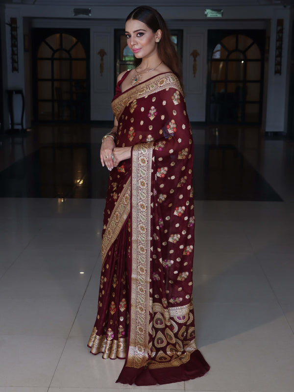 Banarasee Pure Chiffon Saree With Zari Buta Work & Floral Border-Wine Red