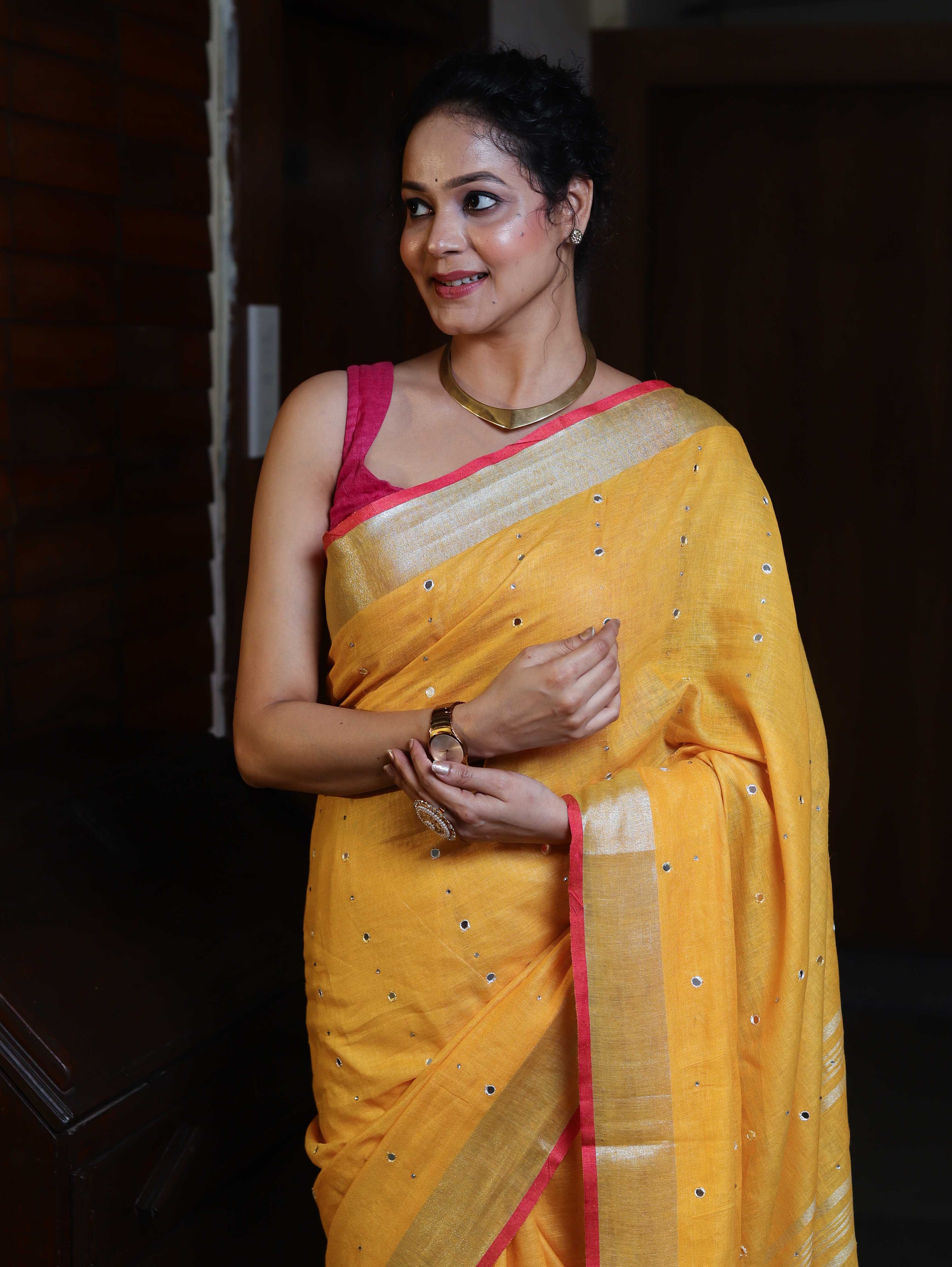 Bhagalpur Handloom Pure Linen Saree With Mirror Work & Contrast Border-Mustard Yellow