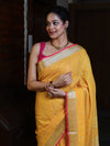 Bhagalpur Handloom Pure Linen Saree With Mirror Work & Contrast Border-Mustard Yellow