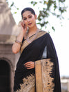 Banarasee Handloom Plain Semi Katan Saree With Ganga Ghat Zari Border-Black