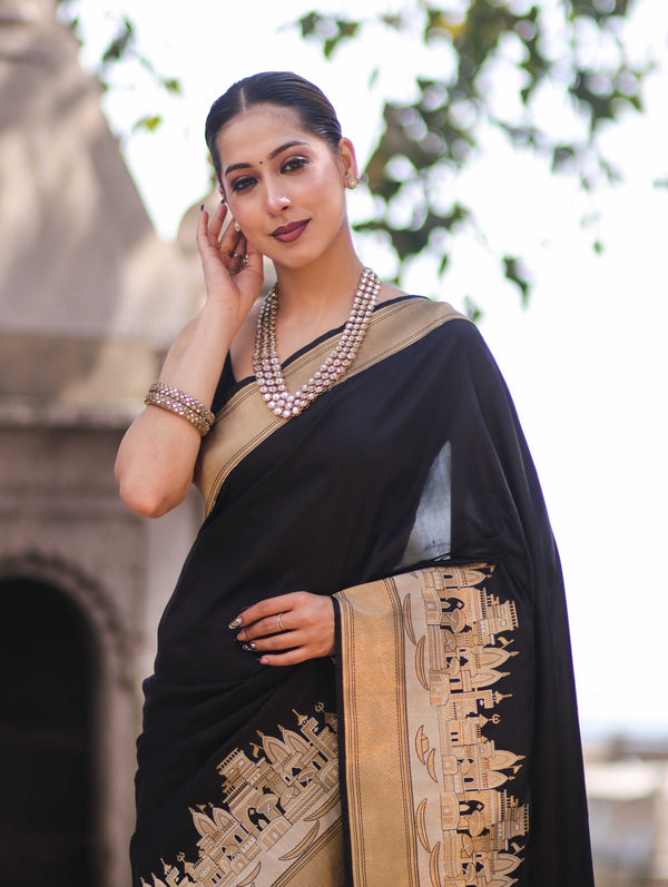 Banarasee Handloom Plain Semi Katan Saree With Ganga Ghat Zari Border-Black
