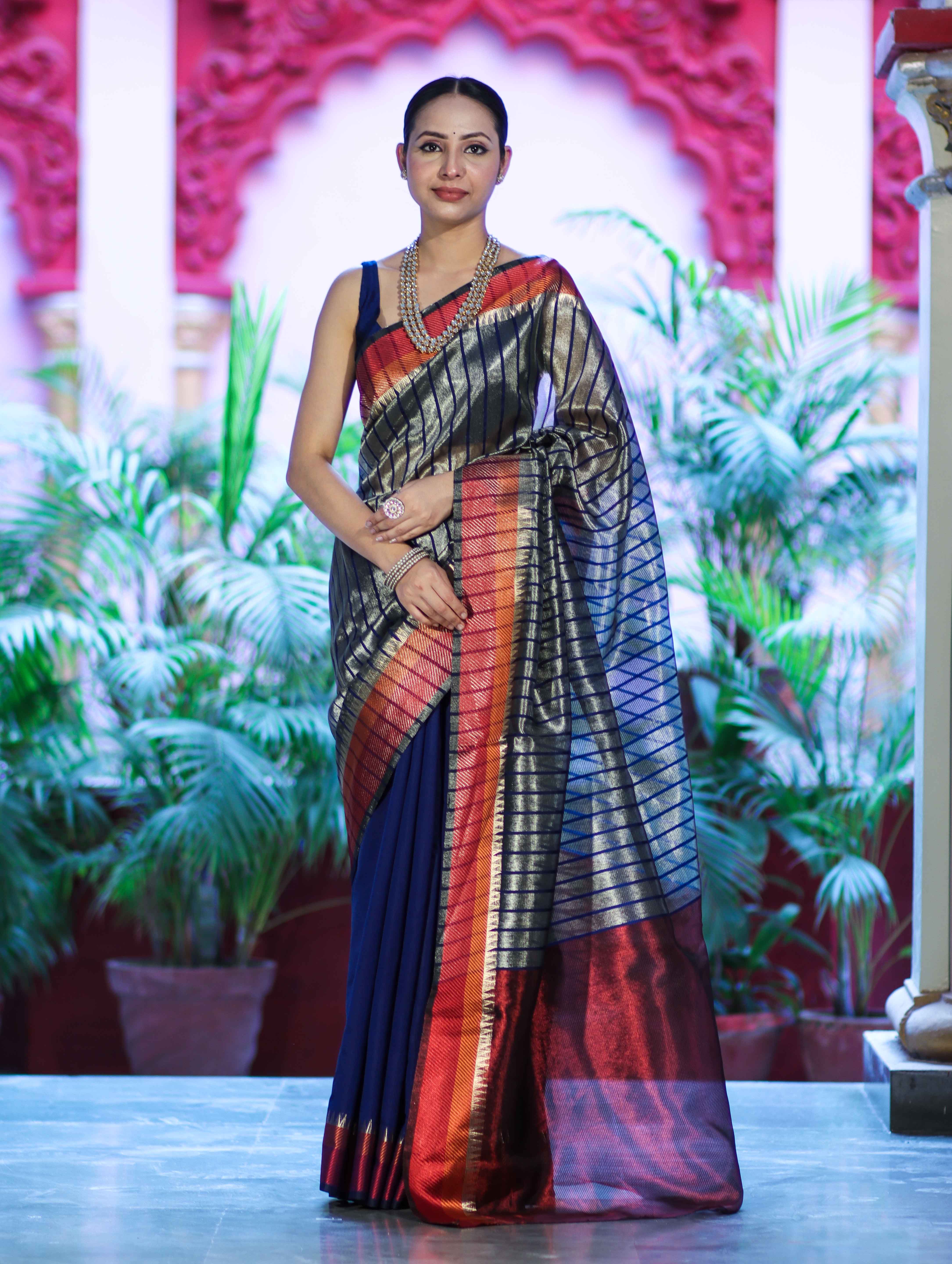 Banarasee Handloom Dual Color Tissue Saree With Stripe Pattern & Contrast Border-Grey & Blue