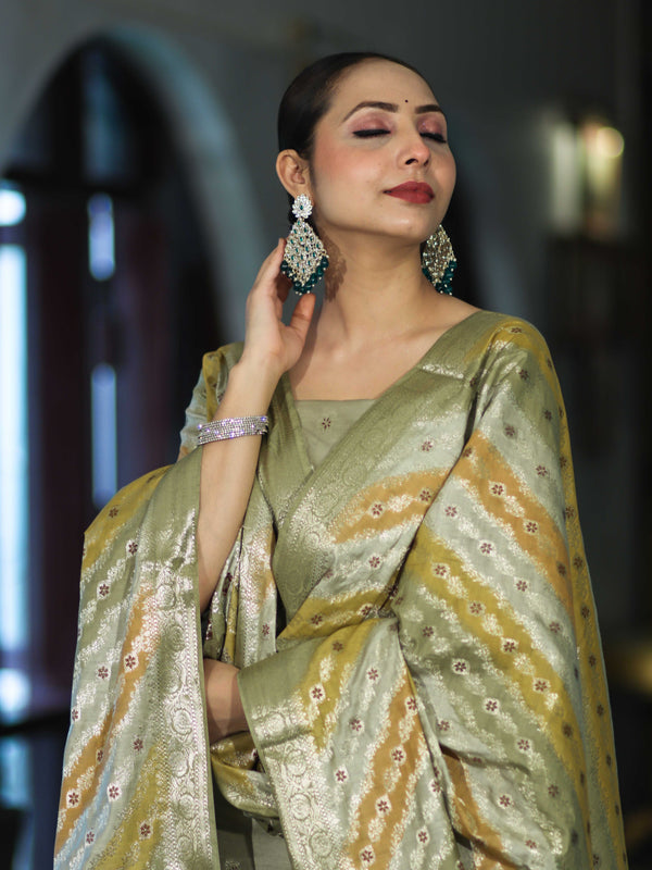 Banarasee Zari & Resham Embroidered Chanderi Salwar Kameez With Multicolor Dupatta Set-Sage Green