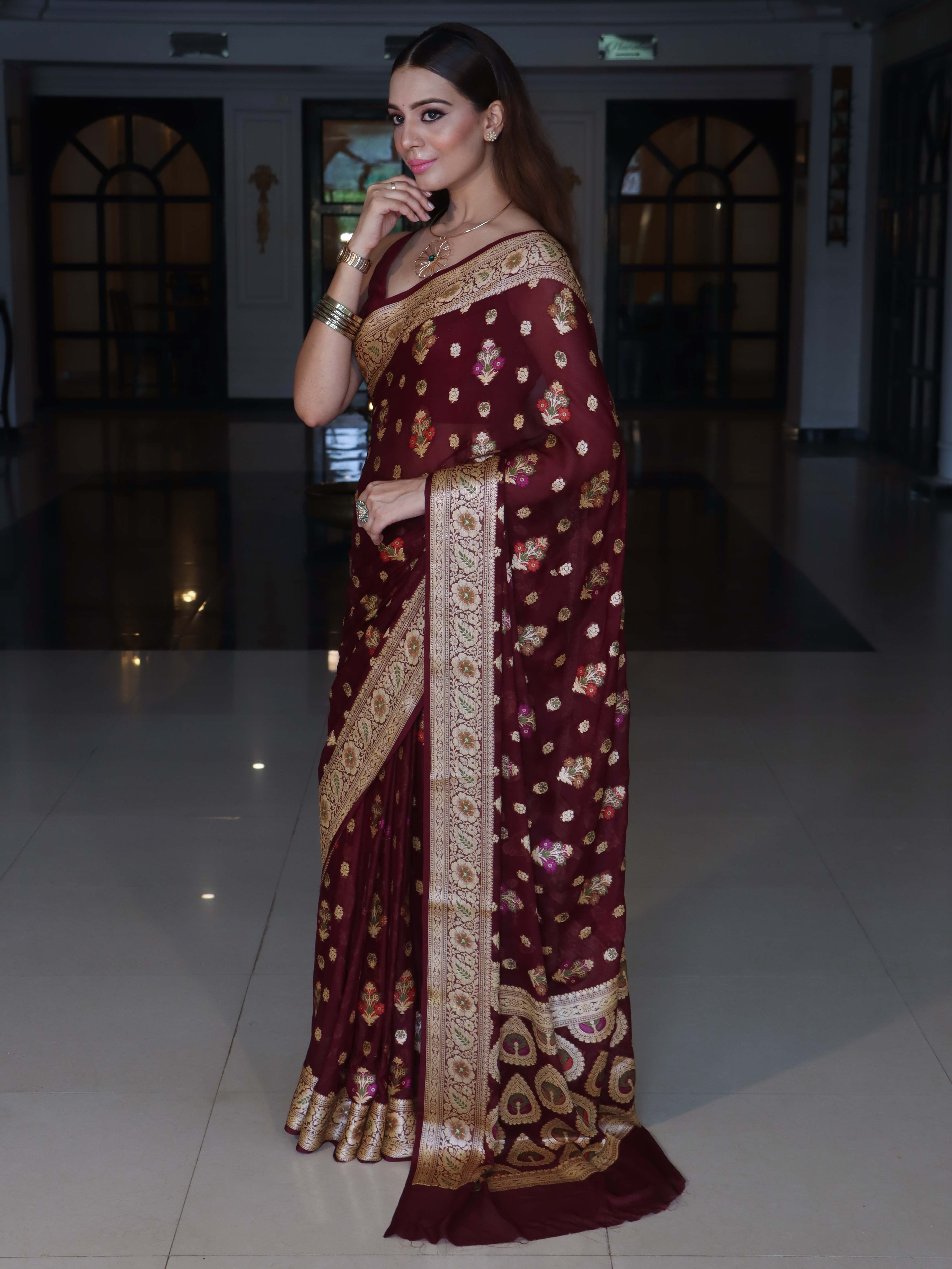 Banarasee Pure Chiffon Saree With Zari Buta Work & Floral Border-Wine Red