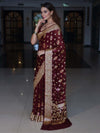 Banarasee Pure Chiffon Saree With Zari Buta Work & Floral Border-Wine Red