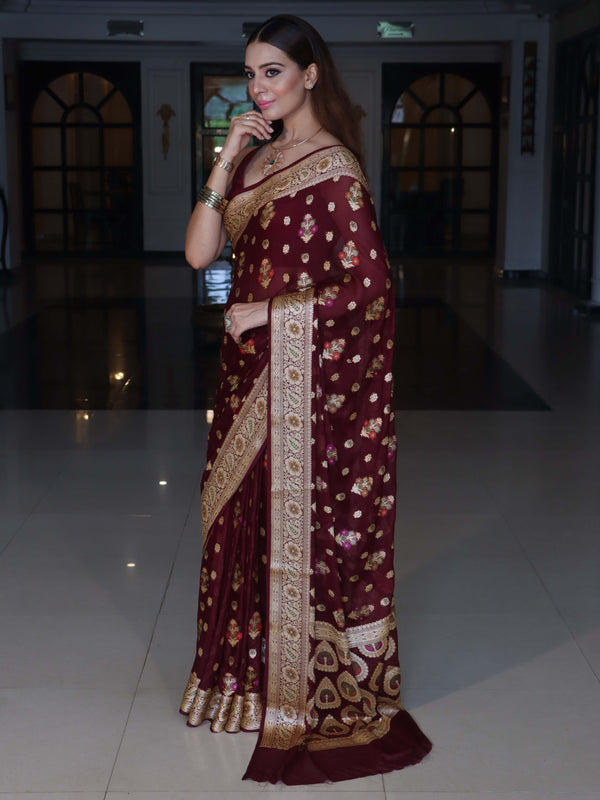 Banarasee Pure Chiffon Saree With Zari Buta Work & Floral Border-Wine Red
