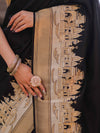Banarasee Handloom Plain Semi Katan Saree With Ganga Ghat Zari Border-Black