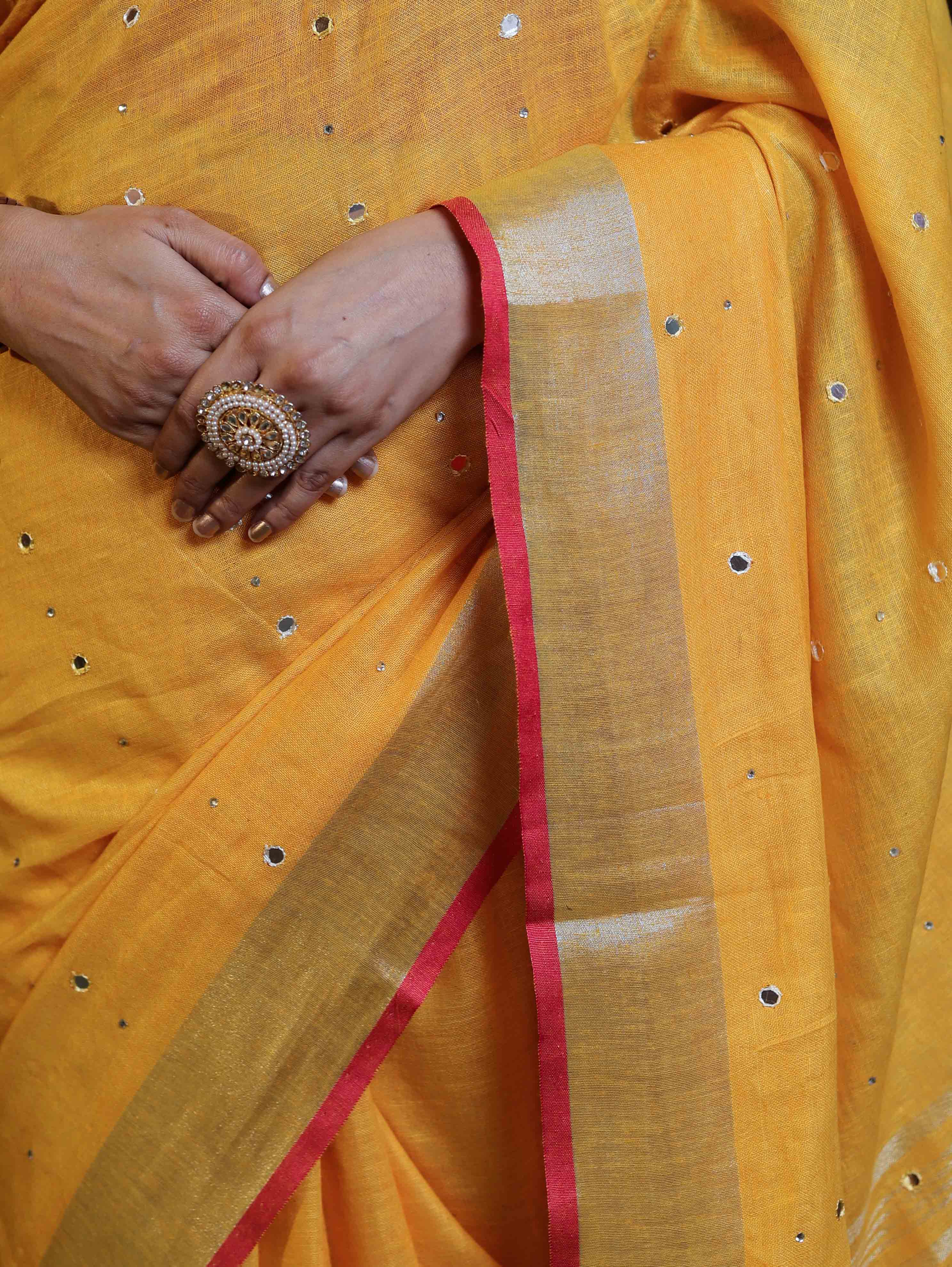 Bhagalpur Handloom Pure Linen Saree With Mirror Work & Contrast Border-Mustard Yellow