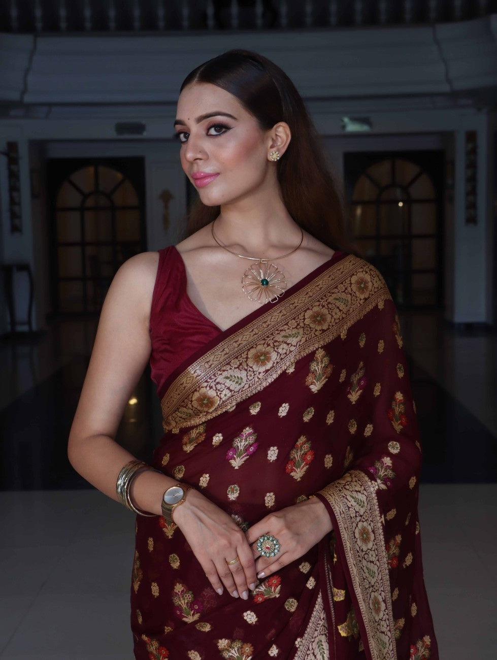 Banarasee Pure Chiffon Saree With Zari Buta Work & Floral Border-Wine Red