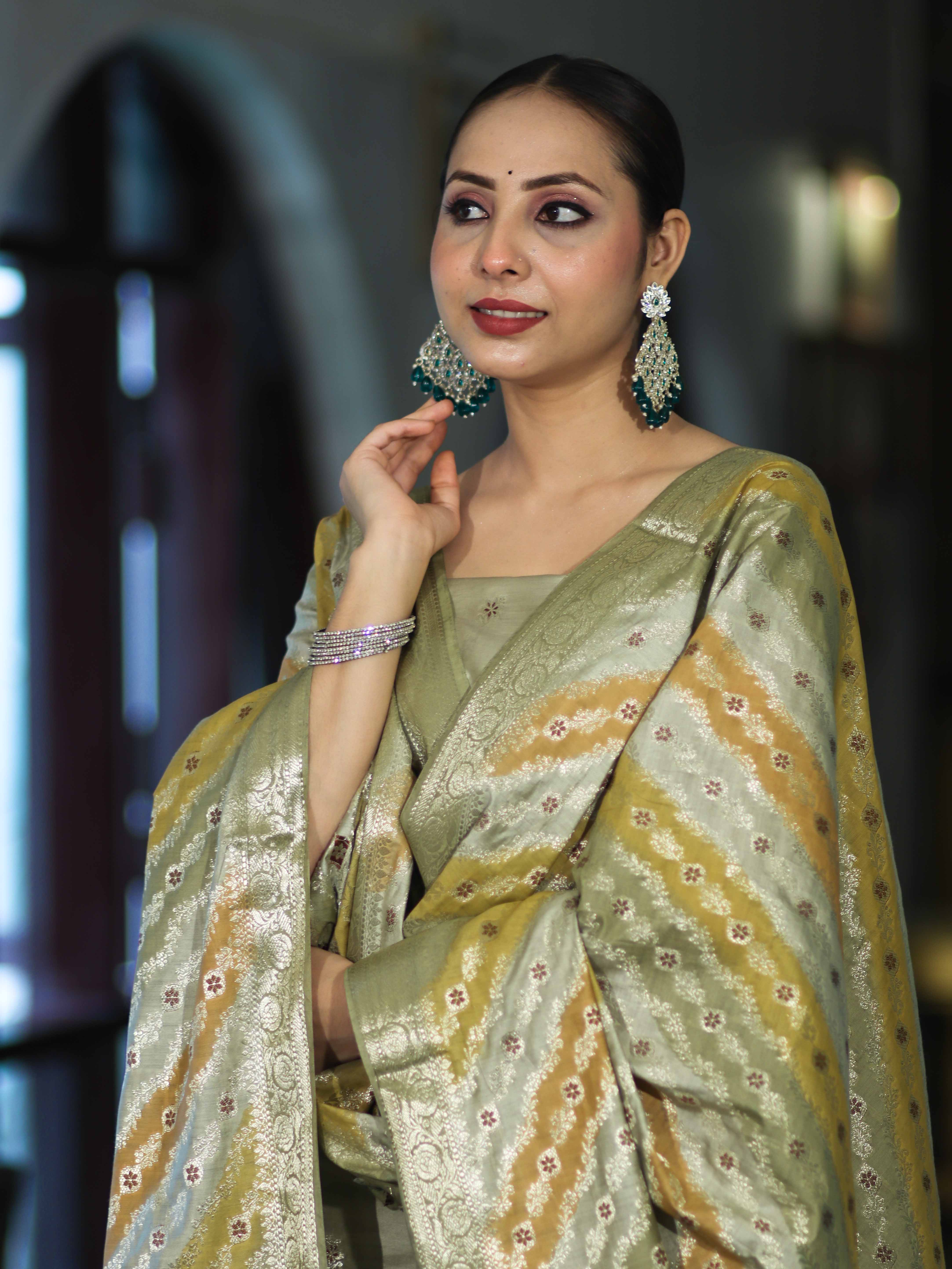 Banarasee Zari & Resham Embroidered Chanderi Salwar Kameez With Multicolor Dupatta Set-Sage Green