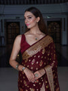 Banarasee Pure Chiffon Saree With Zari Buta Work & Floral Border-Wine Red