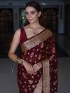 Banarasee Pure Chiffon Saree With Zari Buta Work & Floral Border-Wine Red
