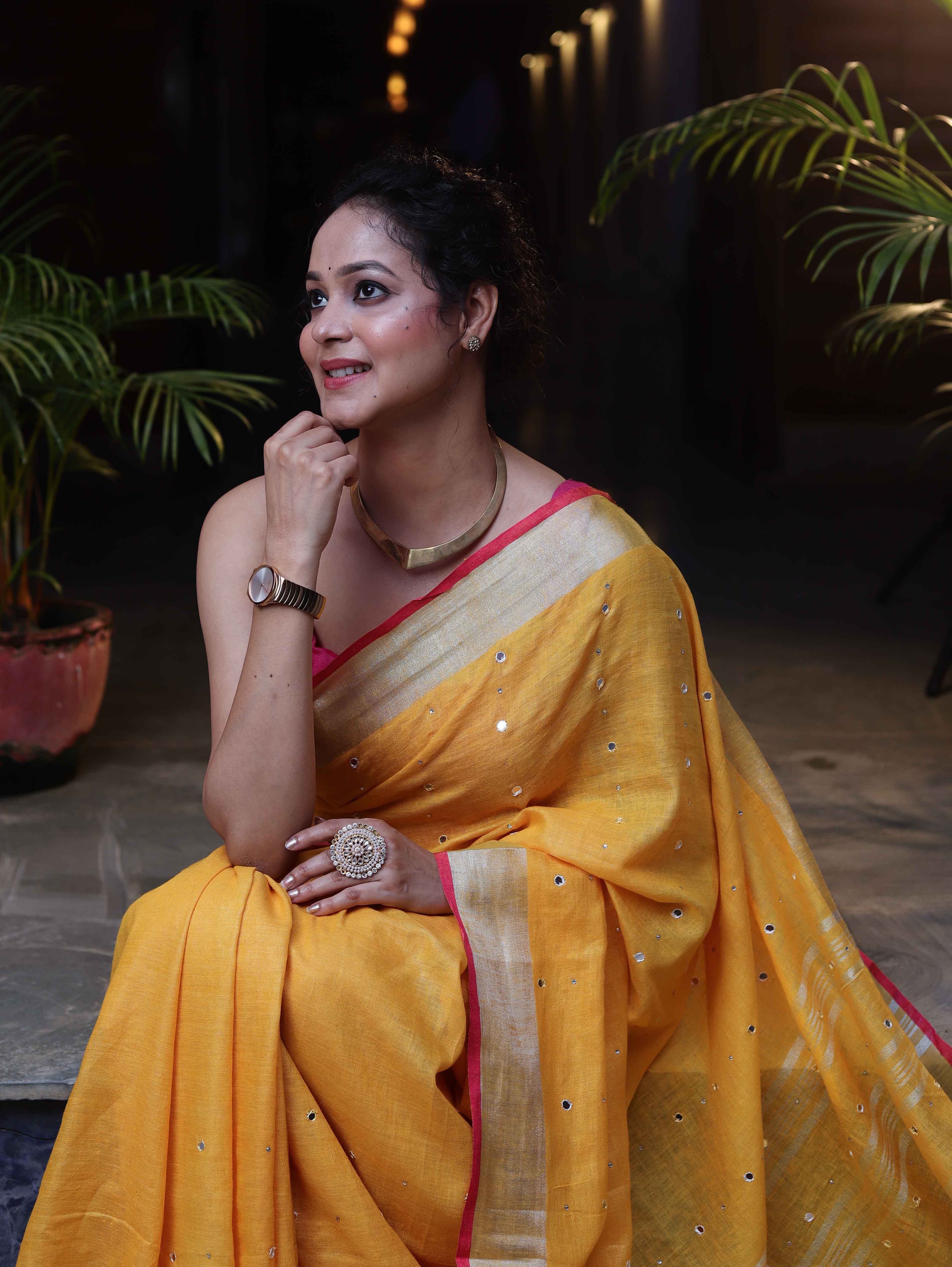 Bhagalpur Handloom Pure Linen Saree With Mirror Work & Contrast Border-Mustard Yellow