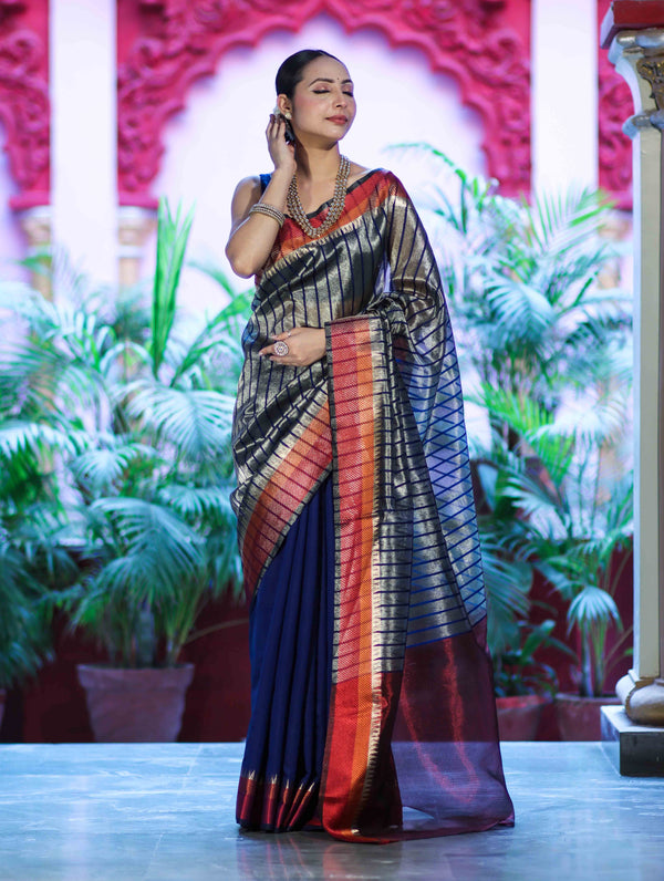 Banarasee Handloom Dual Color Tissue Saree With Stripe Pattern & Contrast Border-Grey & Blue