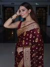 Banarasee Pure Chiffon Saree With Zari Buta Work & Floral Border-Wine Red
