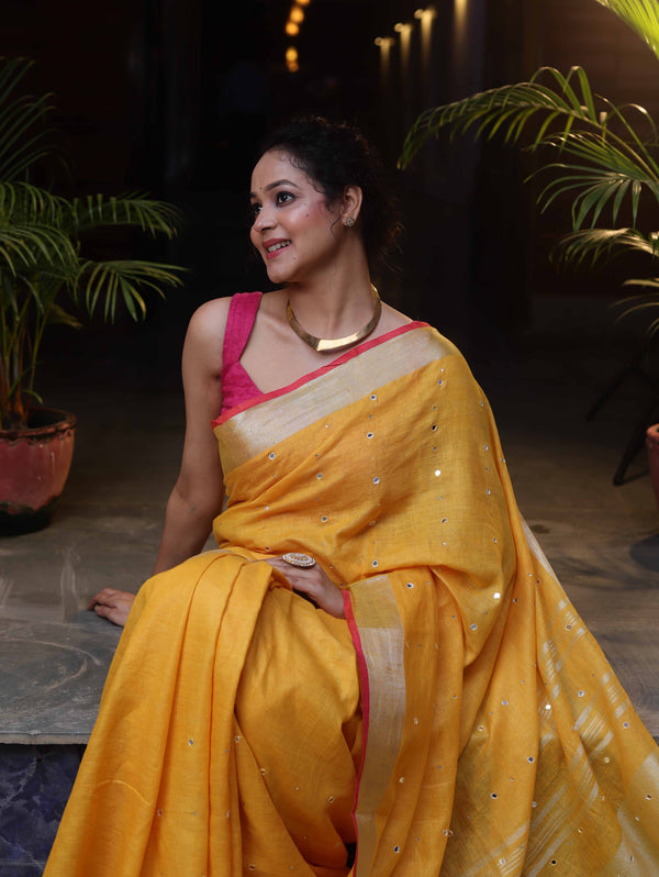 Bhagalpur Handloom Pure Linen Saree With Mirror Work & Contrast Border-Mustard Yellow