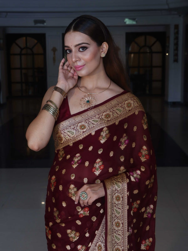 Banarasee Pure Chiffon Saree With Zari Buta Work & Floral Border-Wine Red