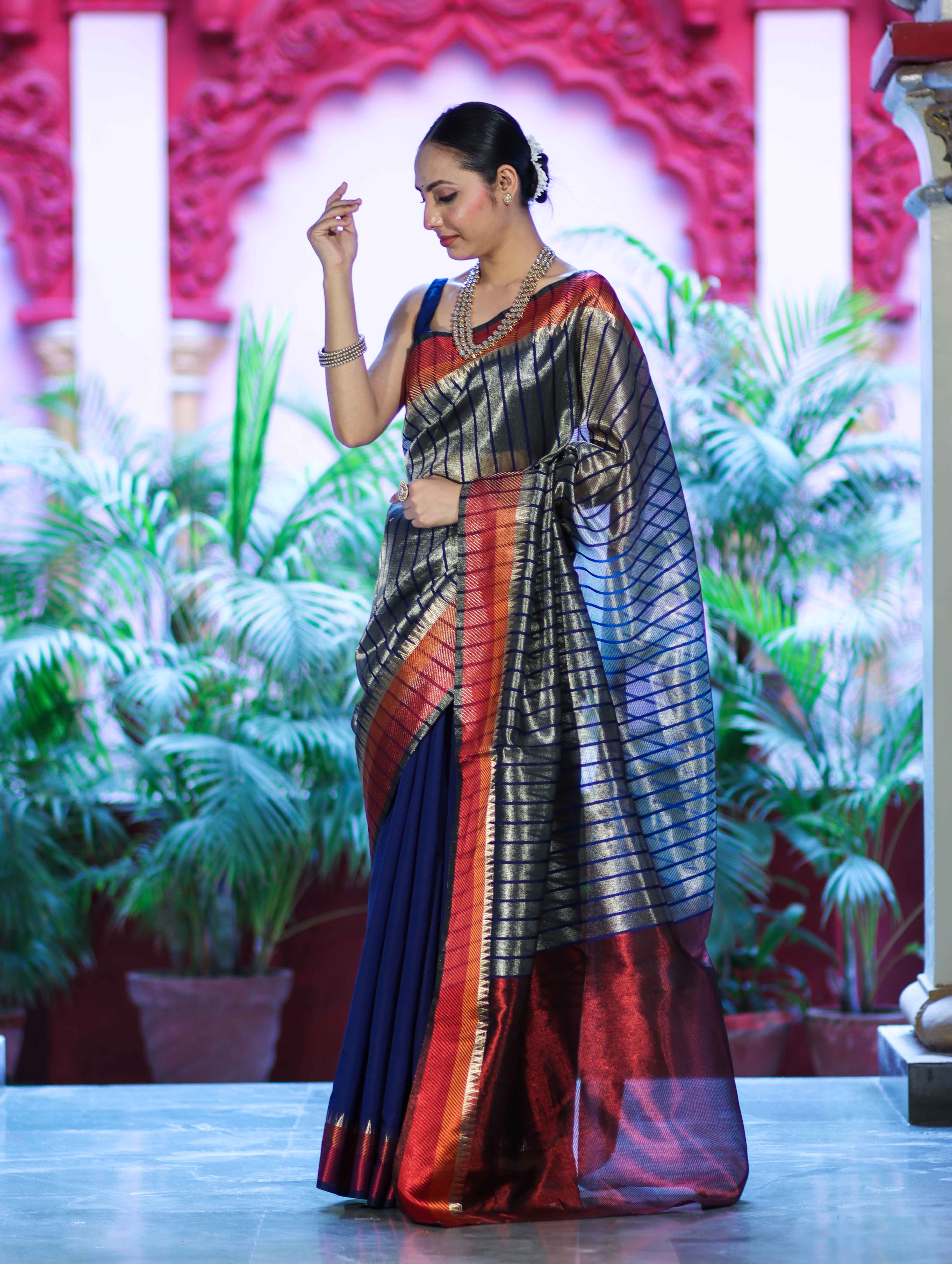 Banarasee Handloom Dual Color Tissue Saree With Stripe Pattern & Contrast Border-Grey & Blue