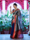 Banarasee Handloom Dual Color Tissue Saree With Stripe Pattern & Contrast Border-Grey & Blue