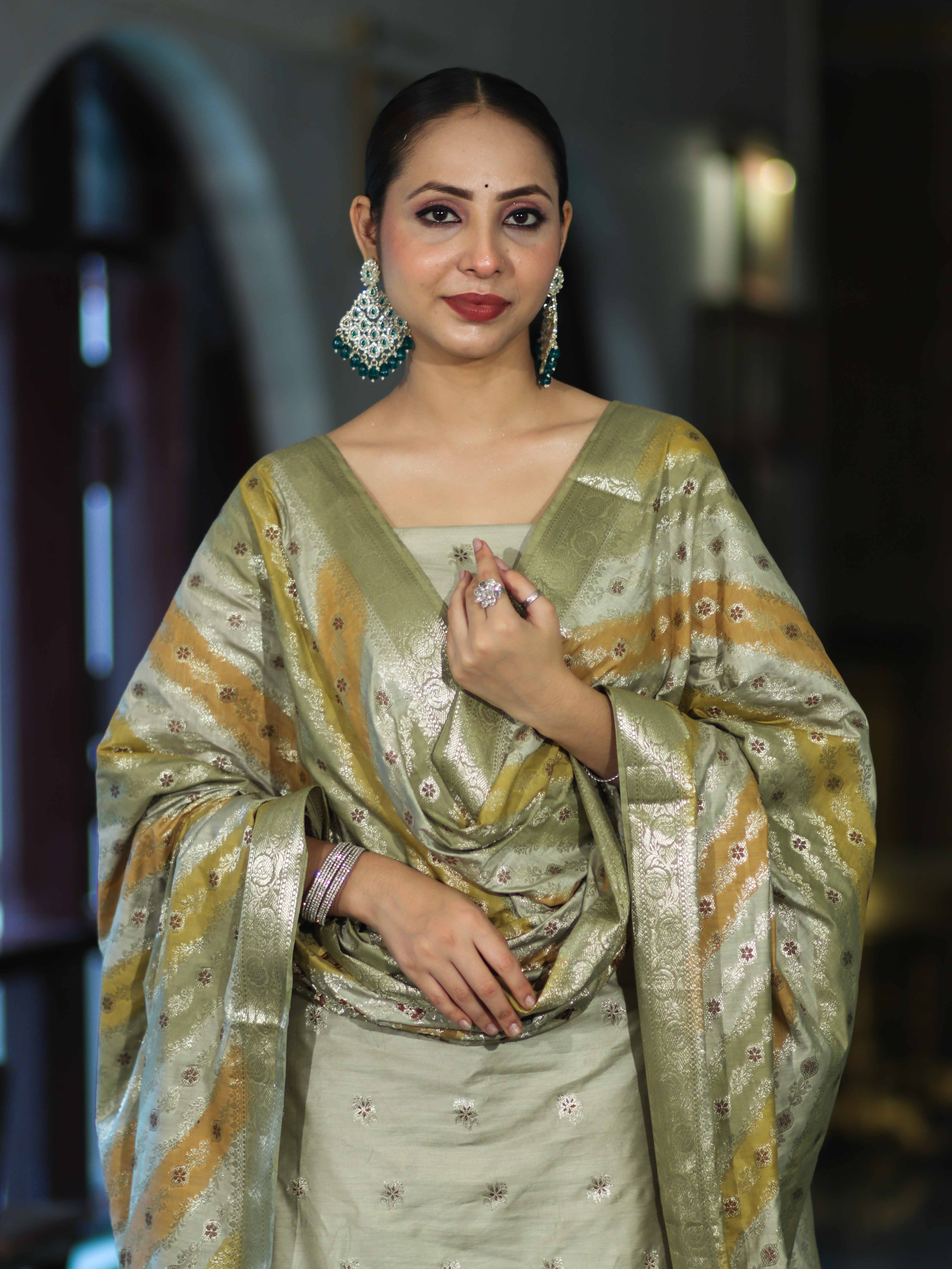 Banarasee Zari & Resham Embroidered Chanderi Salwar Kameez With Multicolor Dupatta Set-Sage Green