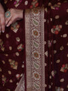 Banarasee Pure Chiffon Saree With Zari Buta Work & Floral Border-Wine Red