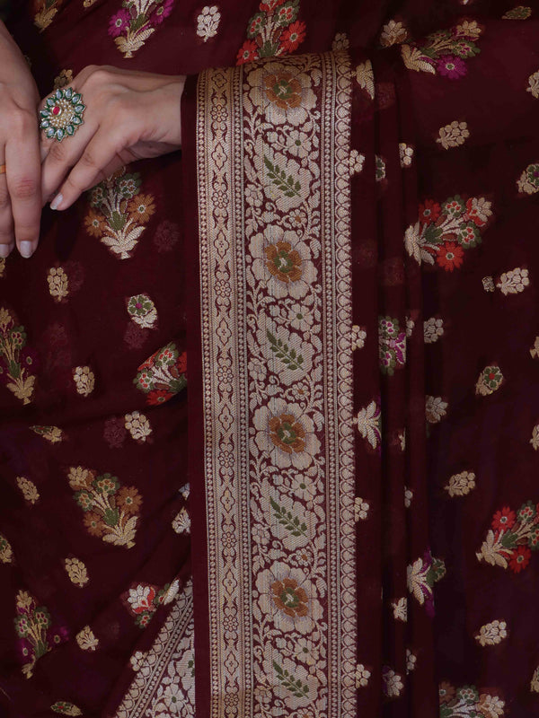 Banarasee Pure Chiffon Saree With Zari Buta Work & Floral Border-Wine Red
