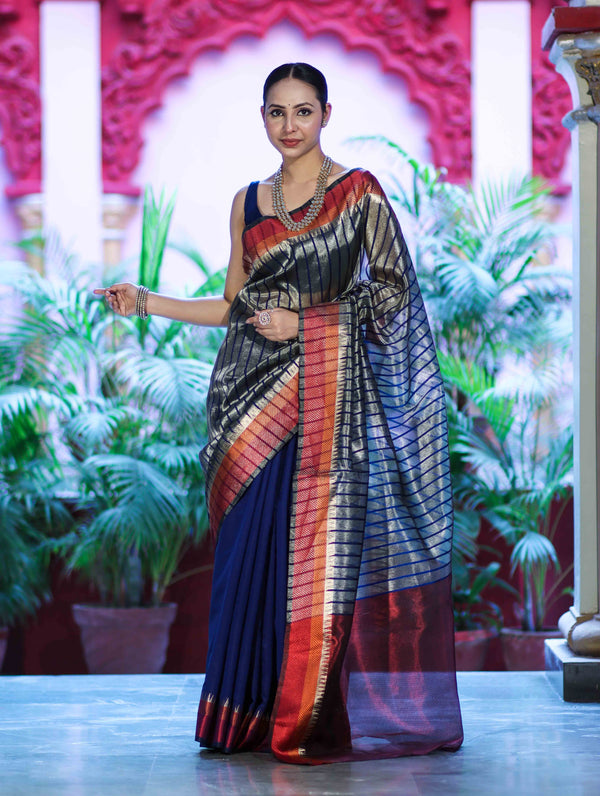 Banarasee Handloom Dual Color Tissue Saree With Stripe Pattern & Contrast Border-Grey & Blue