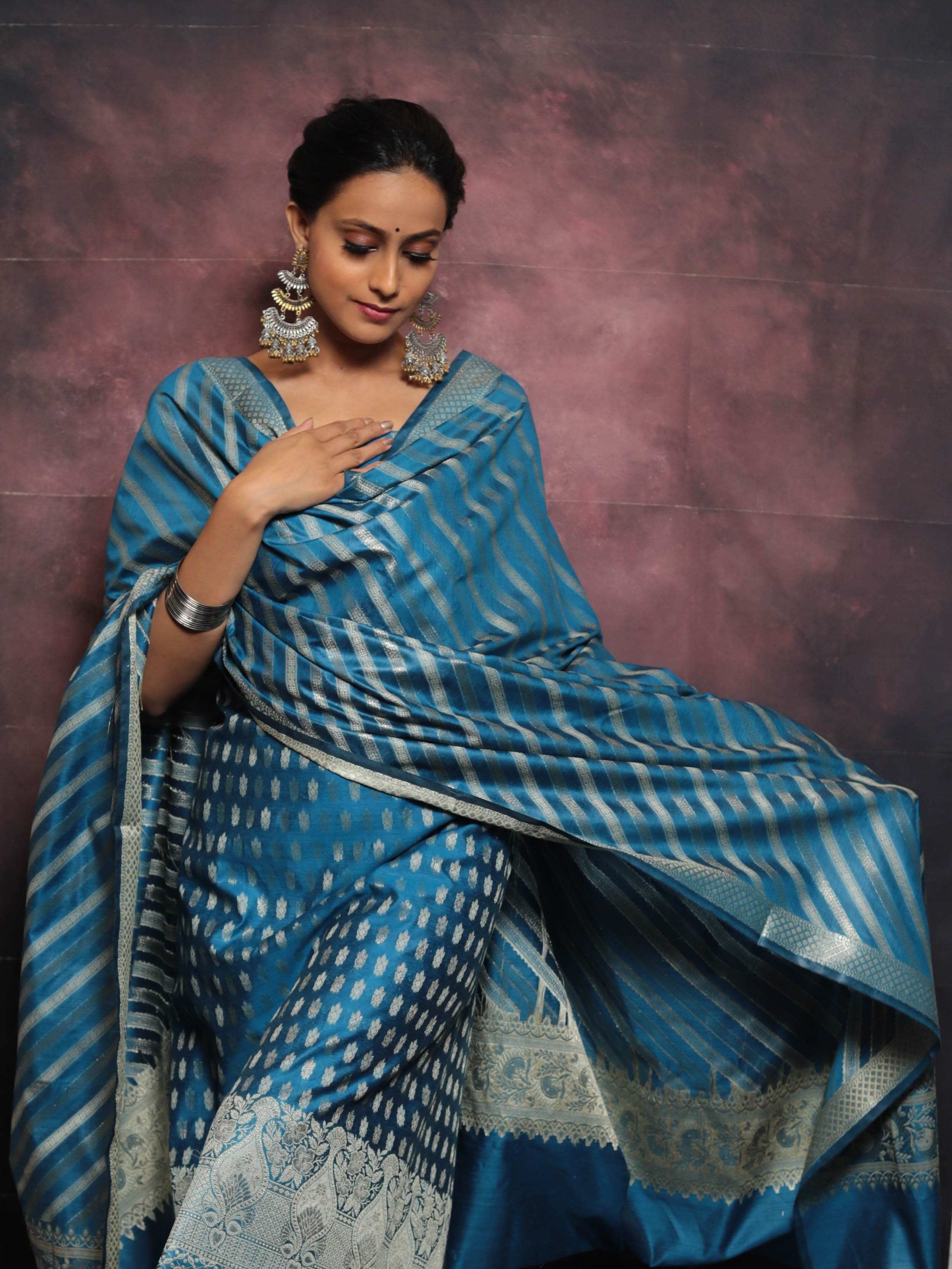 Banarasee Salwar Kameez Cotton Silk Resham & Zari Buti Woven Fabric With Dupatta-Teal Blue
