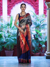 Banarasee Handloom Dual Color Tissue Saree With Stripe Pattern & Contrast Border-Grey & Blue