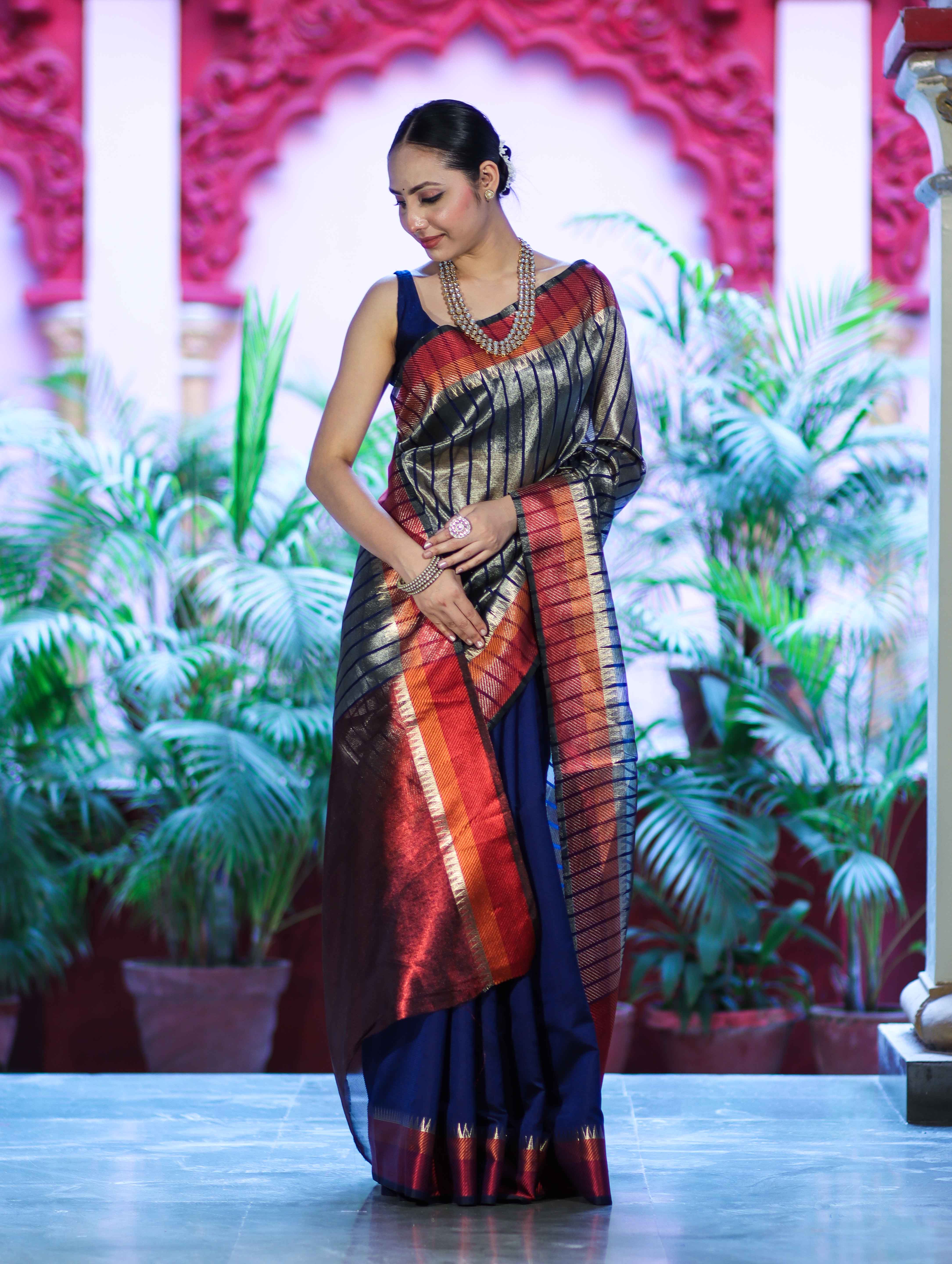 Banarasee Handloom Dual Color Tissue Saree With Stripe Pattern & Contrast Border-Grey & Blue