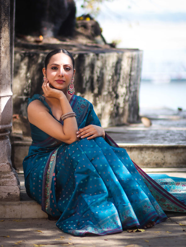 Banarasee Semi Chiffon Saree With Zari Buti Design & Contrast Border-Blue