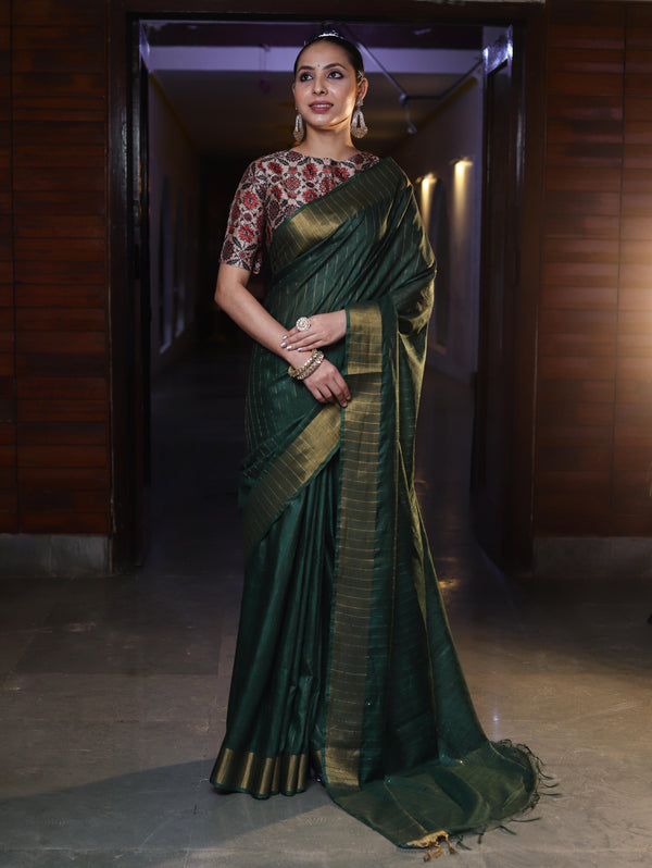 Bhagalpur Handloom Cotton Silk Saree With Gold Zari Stripes & Border-Deep Green